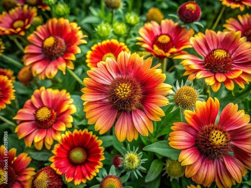 Aerial View of Vibrant Gaillardia Aristata Flowers in Bloom, Colorful Garden Scene with Red and Yellow Blossoms, Nature's Beauty Captured from Above