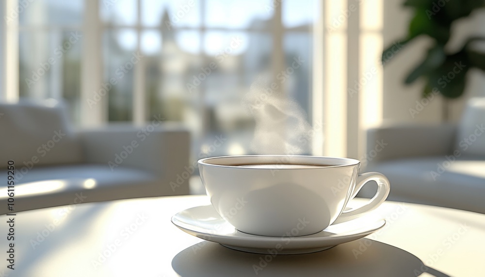 Warm and inviting, a steaming cup of coffee on a simple table setting, perfect for a relaxing morning or afternoon break The soft light and minimalist design create a serene atmosphere, ideal for Warm and inviting, a steaming cup of coffee on a simple table setting, perfect for a relaxing morning or afternoon break The soft light and minimalist design create a serene atmosphere, ideal for