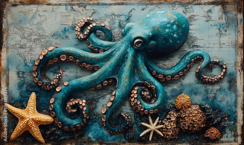 A teal octopus glides through corals and starfish set against an antique map background showcasing blue and turquoise tones on textured paper A teal octopus glides through corals and starfish set against an antique map background showcasing blue and turquoise tones on textured paper