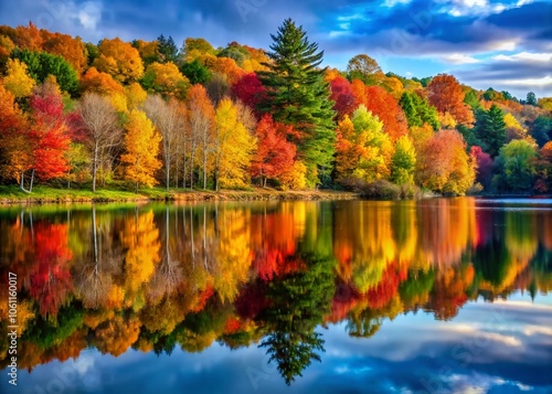 Autumn Lake Reflection: Vibrant Trees Mirrored in Calm Water, Perfect for Nature Lovers and Scenic Landscape Photography