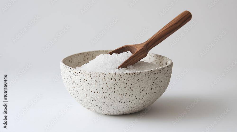 Small ceramic bowl of bath salts with a wooden scoop on a white background, enhancing simplicity Small ceramic bowl of bath salts with a wooden scoop on a white background, enhancing simplicity