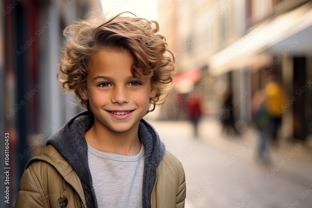 Portrait of a cute young boy with blond curly hair in the city Portrait of a cute young boy with blond curly hair in the city