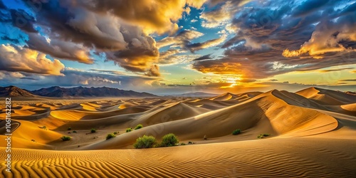 Breathtaking Panoramic View of Khongor Sand Dunes in Gobi Desert, Mongolia - Expansive Golden Sands, Sky, and Dune Patterns - Nature's Majestic Landscape Photography photo