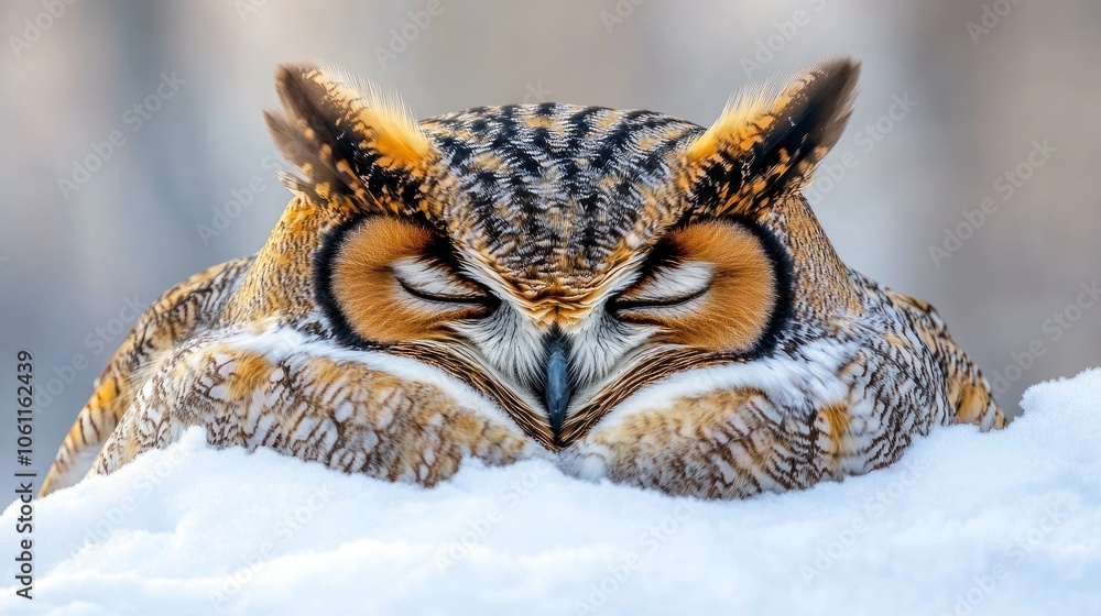 A resting owl nestled in snow, showcasing its feathers and peaceful demeanor. A resting owl nestled in snow, showcasing its feathers and peaceful demeanor.
