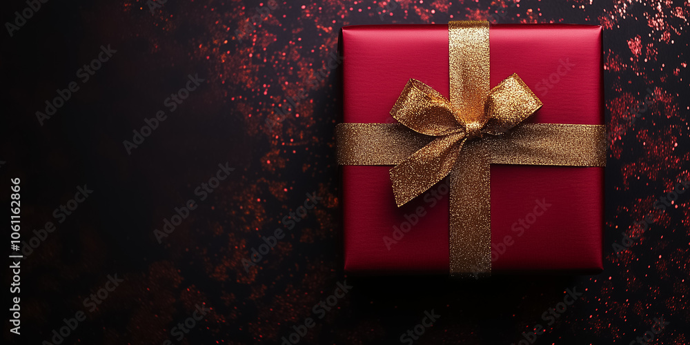 A vibrant red gift box adorned with a shimmering golden bow shines brightly in the midst of a seasonal sale A vibrant red gift box adorned with a shimmering golden bow shines brightly in the midst of a seasonal sale