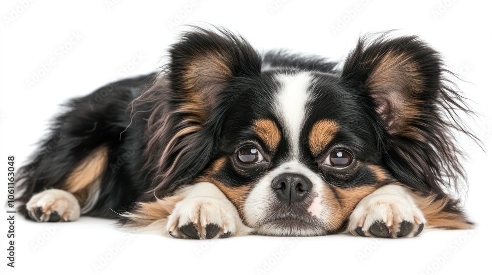 A cute, resting dog with a calm expression on a white background. A cute, resting dog with a calm expression on a white background.