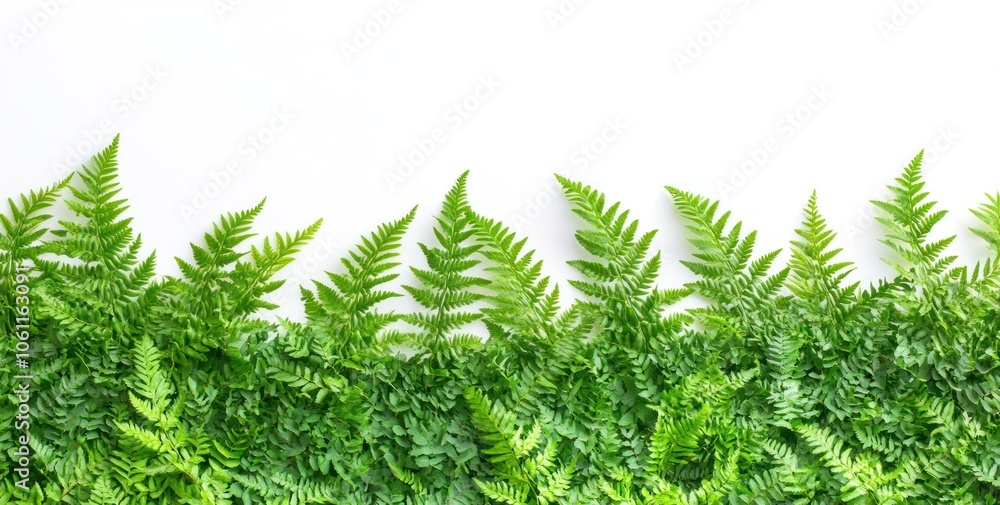 A vibrant arrangement of green ferns against a white background. A vibrant arrangement of green ferns against a white background.
