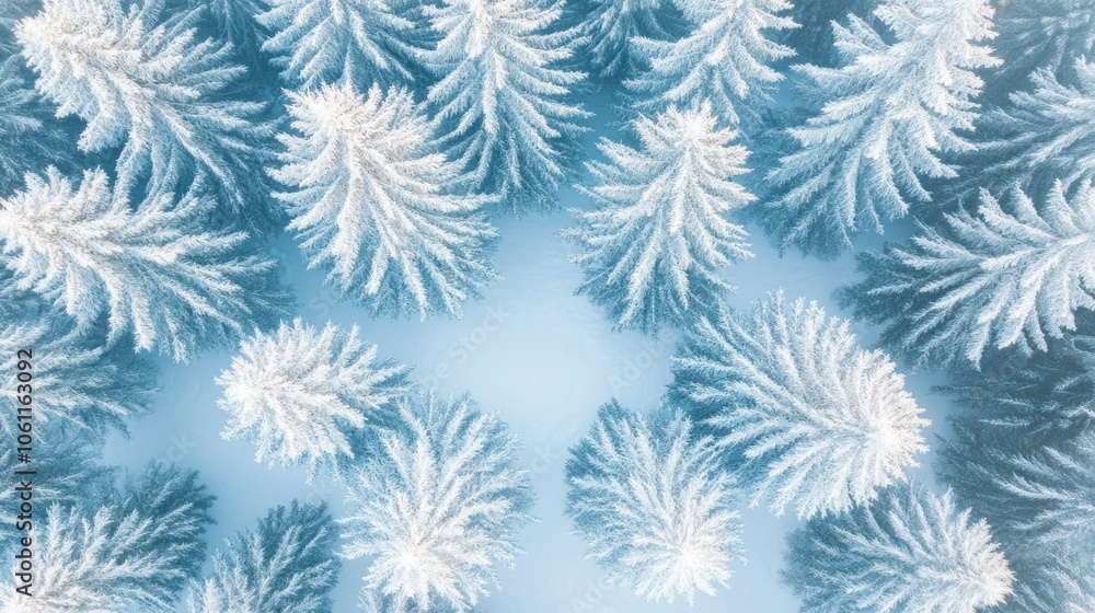 Aerial view of frosted pine trees creating a winter landscape. Aerial view of frosted pine trees creating a winter landscape.