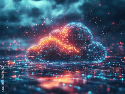 Cloud computing integration with vibrant data streams, sleek interface, soft lighting, futuristic atmosphere, realism