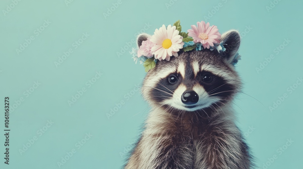 A raccoon wearing a flower crown, posing against a blue background. A raccoon wearing a flower crown, posing against a blue background.