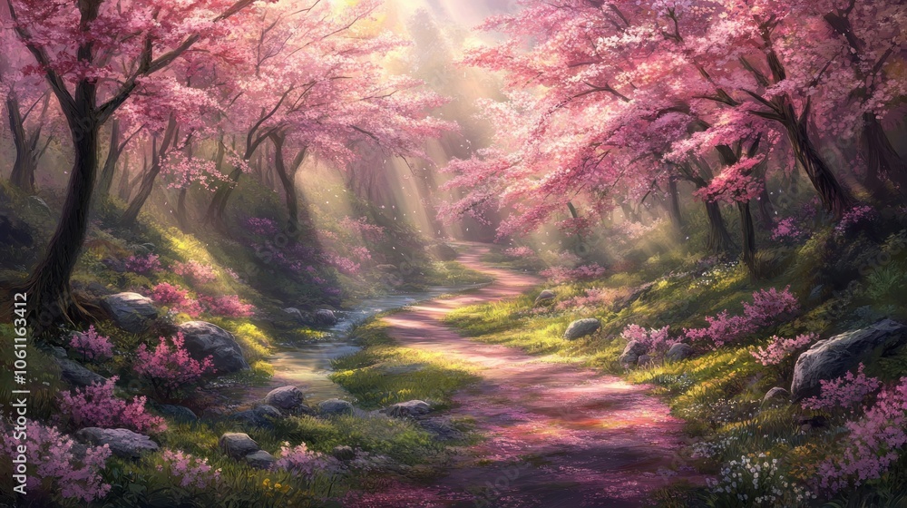 Fototapeta premium A serene forest scene filled with cherry blossoms, sunlight filtering through trees, creating a tranquil path.