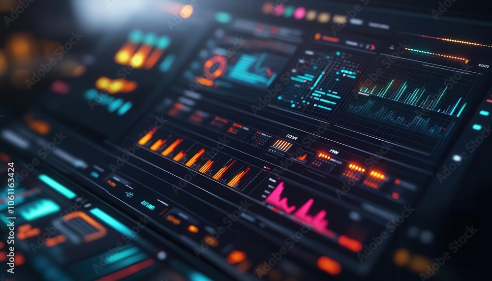 Obraz premium Data analytics dashboard with vibrant graphs and charts, sleek interface, soft lighting, modern tech setup, realism