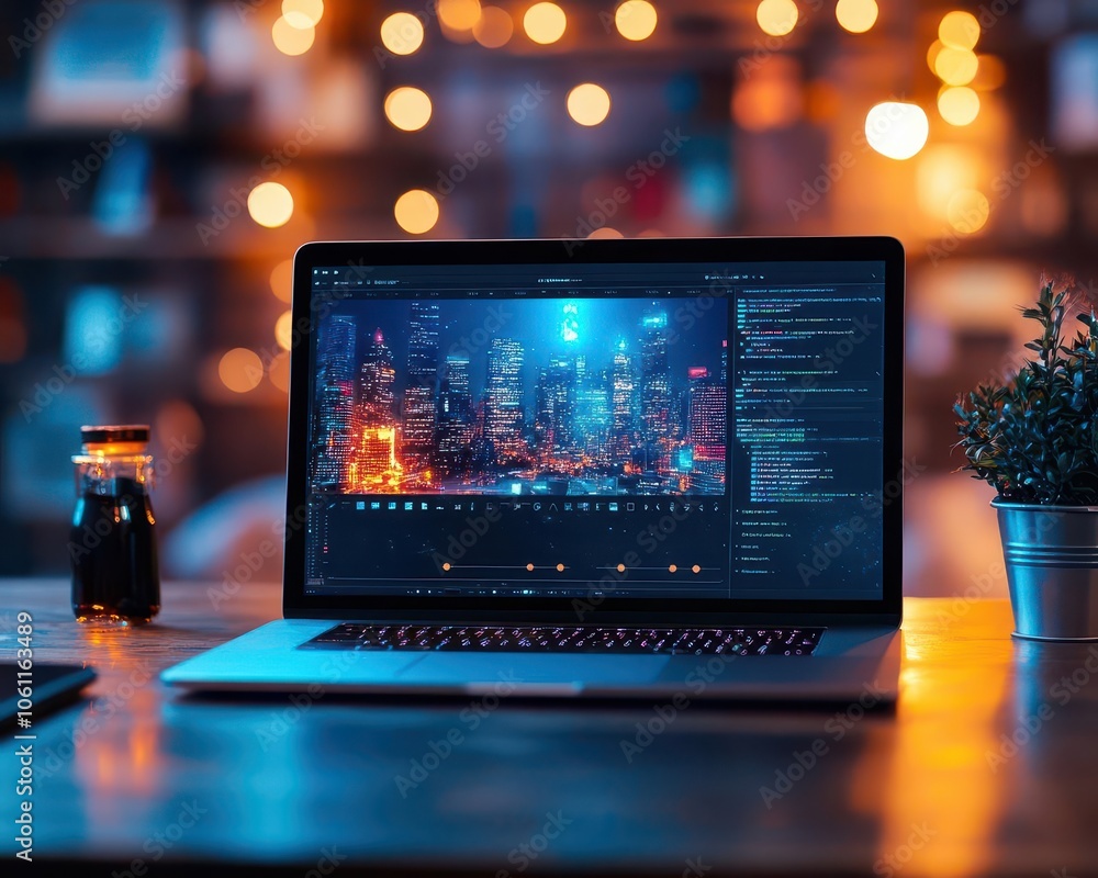 Digital content creation tools on a vibrant laptop screen, sleek design, soft lighting, dynamic energy, modern setup Digital content creation tools on a vibrant laptop screen, sleek design, soft lighting, dynamic energy, modern setup