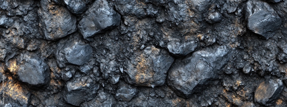 A textured surface of dark, rough stones resembling coal or mineral deposits. A textured surface of dark, rough stones resembling coal or mineral deposits.