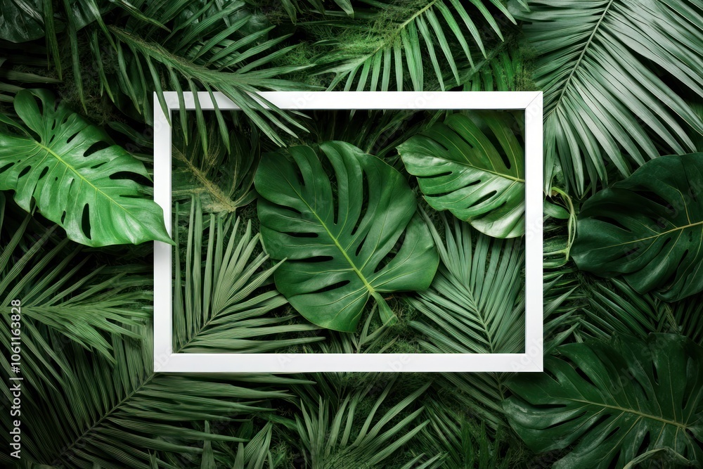 A white frame surrounded by lush green tropical leaves, creating a natural backdrop. A white frame surrounded by lush green tropical leaves, creating a natural backdrop.