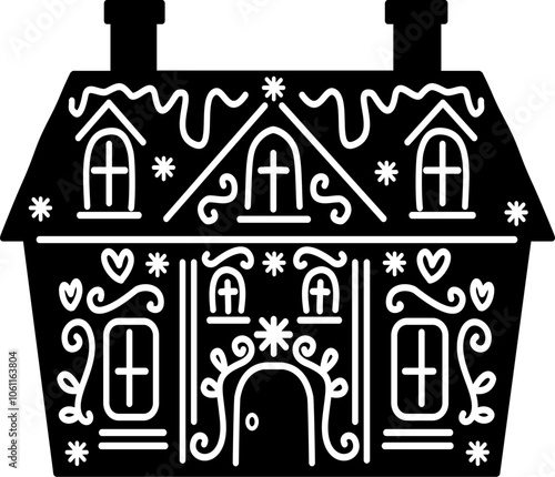 Hand drawn Christmas House Black Vector silhouette Iiiustration 