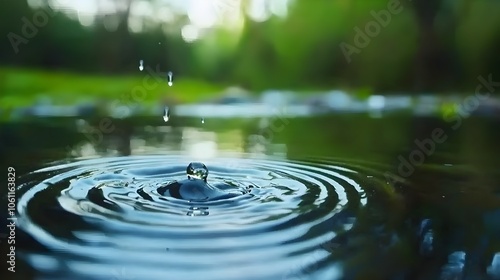 Water Droplets Creating Ripples in Calm Pond