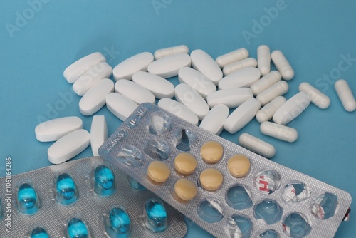 white tablets and a blister with blue capsules