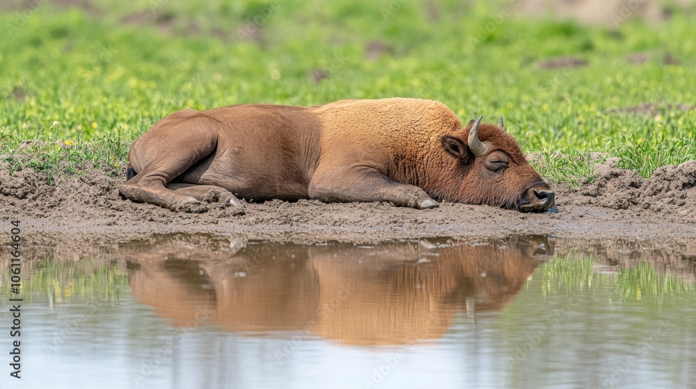 A resting bison lies peacefully by a water body, reflecting its image in the calm water. A resting bison lies peacefully by a water body, reflecting its image in the calm water.