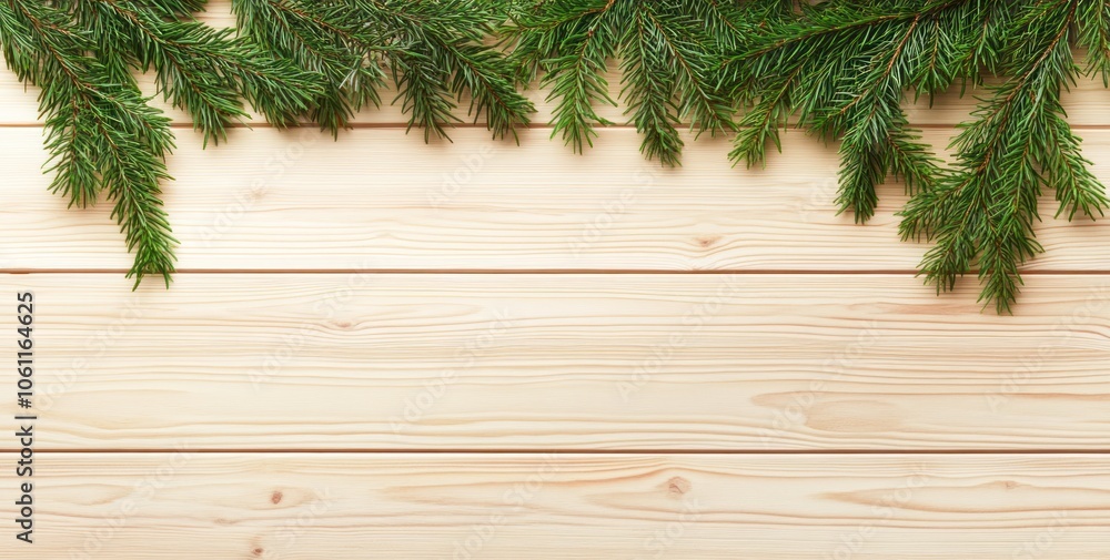 Evergreen branches on a wooden surface, creating a natural and festive atmosphere. Evergreen branches on a wooden surface, creating a natural and festive atmosphere.