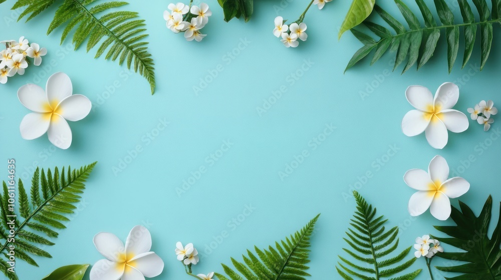 A serene arrangement of tropical flowers and ferns on a blue background. A serene arrangement of tropical flowers and ferns on a blue background.