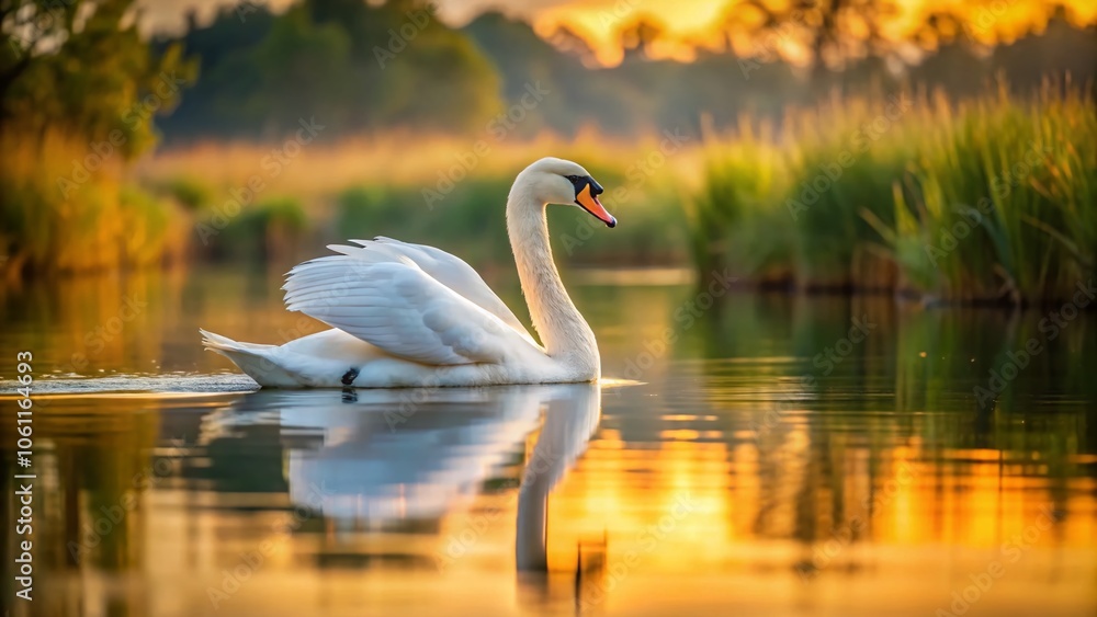 Fototapeta premium Captivating Lonely White Swan Swimming Gracefully on Serene Lake - Elegant Wildlife Photography, Tranquil Nature Scene, Peaceful Lake Reflection, Artful Waterfowl Imagery