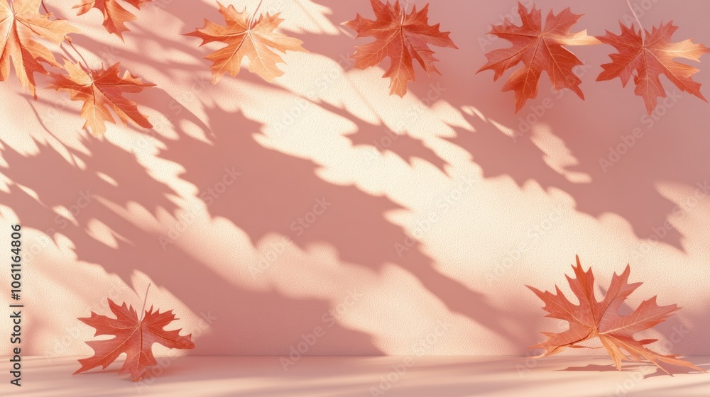 A serene arrangement of autumn leaves casting shadows on a soft pink background. A serene arrangement of autumn leaves casting shadows on a soft pink background.