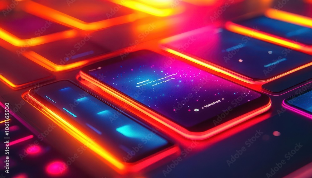 Mobile app interface with vibrant colors, sleek design, soft lighting, modern tech vibes, high contrast, photo-realistic