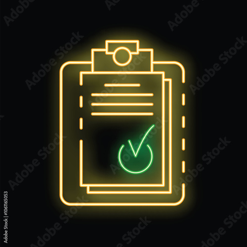 Glowing neon line clipboard with checklist icon isolated on black brick wall background
