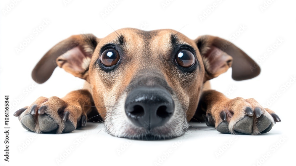 A close-up of a dog with a curious expression, lying down on a white background. A close-up of a dog with a curious expression, lying down on a white background.