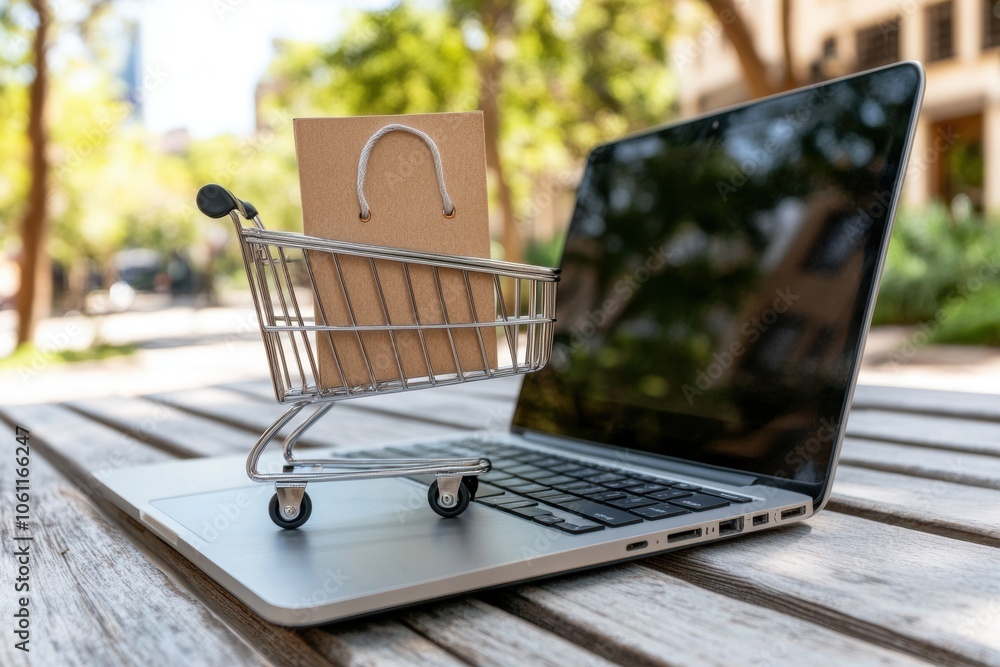 A shopping cart sitting on top of a laptop - Technology A shopping cart sitting on top of a laptop - Technology