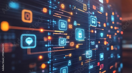 Digital network visualization with icons representing data and security.