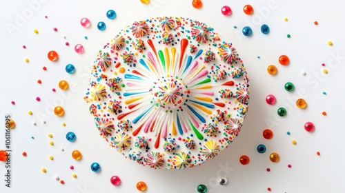 A colorful cake adorned with sprinkles, set against a white background for celebration.