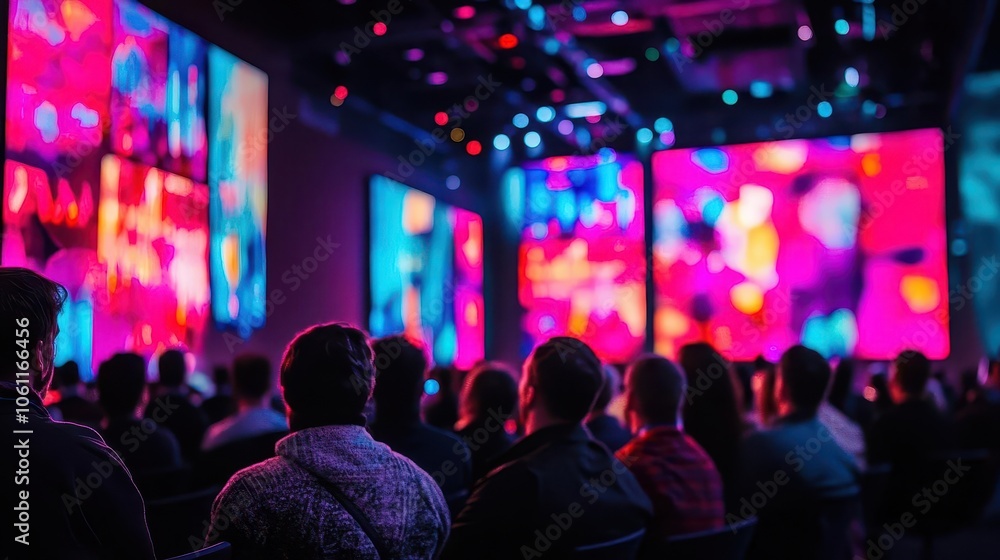 Tech conference presentation with vibrant screens and dynamic audience, soft lighting, modern design, high-energy vibe Tech conference presentation with vibrant screens and dynamic audience, soft lighting, modern design, high-energy vibe