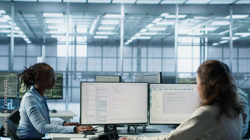 Admin arriving in server hub, sitting at computer desk, checking recovery plan, monitoring data center energy consumption across components, making sure sensors are functioning optimally, camera A