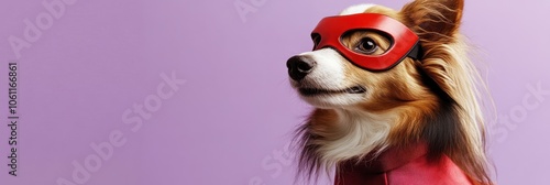 A dog wearing a red superhero mask and costume against a purple background. photo