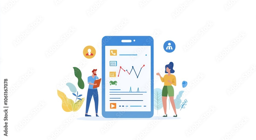 Illustration of two people interacting with a smartphone displaying data and graphs. Illustration of two people interacting with a smartphone displaying data and graphs.