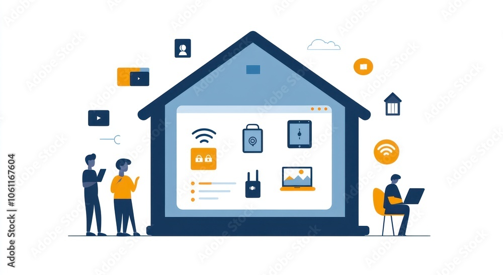 Illustration of smart home technology with users interacting and device icons. Illustration of smart home technology with users interacting and device icons.