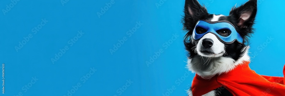 A dog wearing a blue mask and red cape, posing against a bright blue background. A dog wearing a blue mask and red cape, posing against a bright blue background.