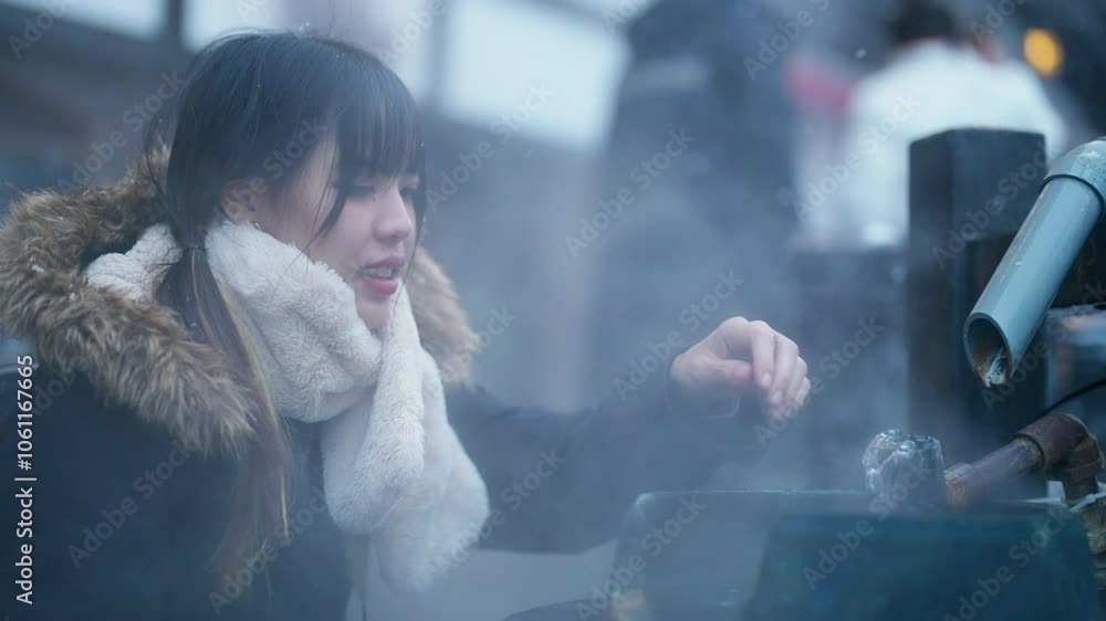 Asian woman looking beautiful nature in snow during travel at Ginzan Onsen hot spring ryokan area in Yamagata prefecture, Japan. People travel Japan landmark local village on winter holiday vacation. Asian woman looking beautiful nature in snow during travel at Ginzan Onsen hot spring ryokan area in Yamagata prefecture, Japan. People travel Japan landmark local village on winter holiday vacation.