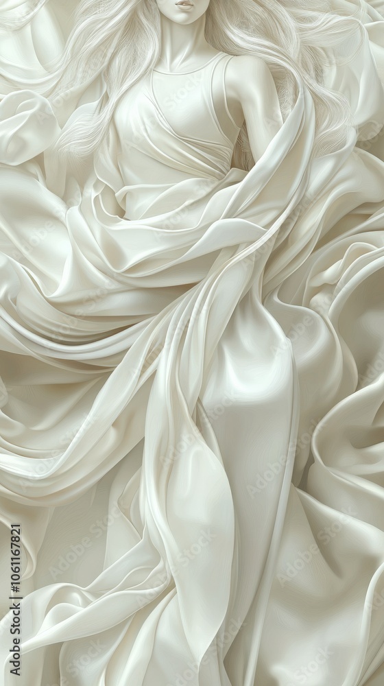 Obraz premium Elegant Flowing White Fabric Sculpture with Graceful Female Figure in Detailed Artistic Design Highlighting Texture and Movement in Luxurious Silk Display
