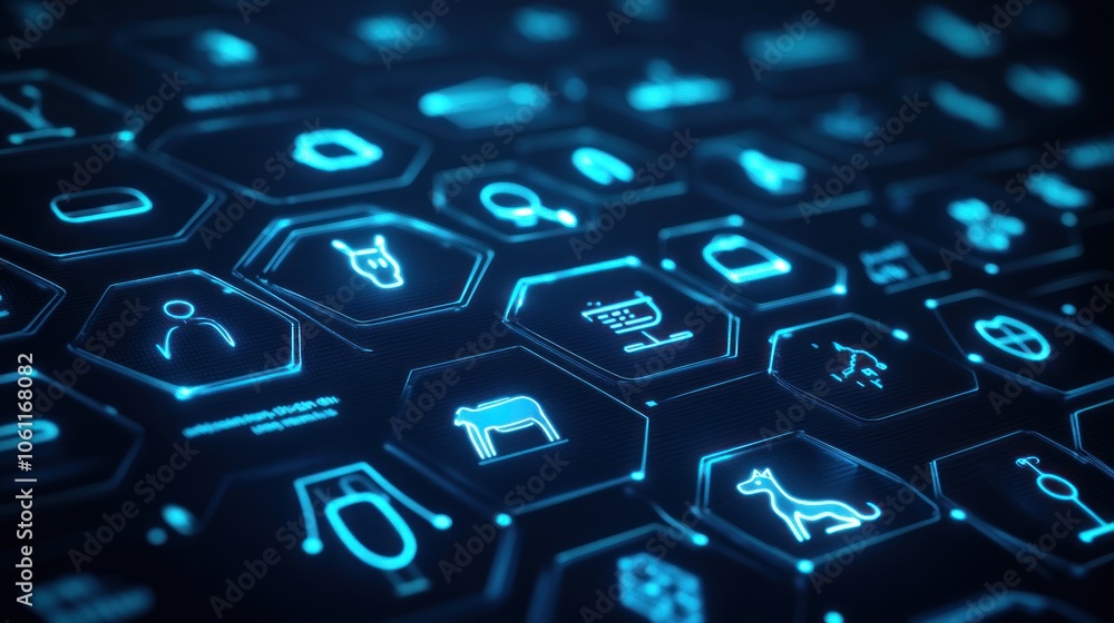 A digital interface featuring hexagonal icons representing various animals and objects. A digital interface featuring hexagonal icons representing various animals and objects.