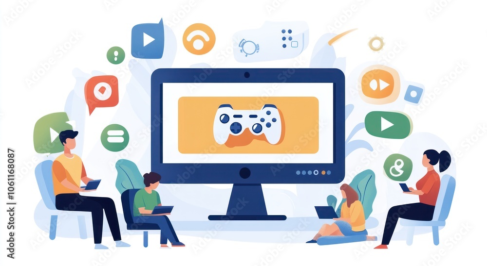 Illustration of people engaging with technology and gaming in a digital environment. Illustration of people engaging with technology and gaming in a digital environment.