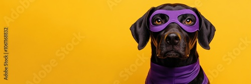 A dog wearing a purple mask and cape against a yellow background, resembling a superhero. photo