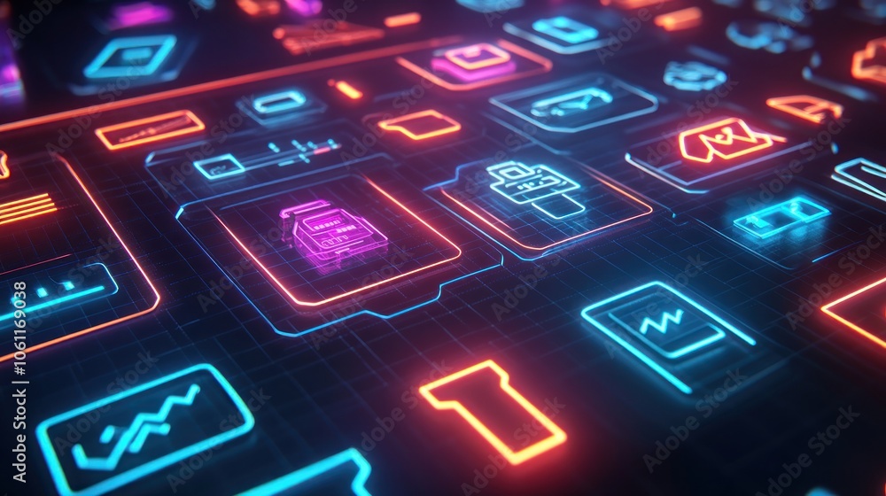 Fototapeta premium A vibrant display of digital icons representing technology and data visualization.