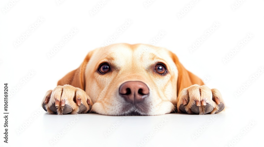 Obraz premium A close-up of a resting dog with a gentle expression on a white background.