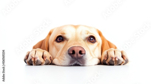 A close-up of a resting dog with a gentle expression on a white background.