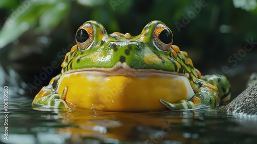 A close-up of a colorful frog sitting in water surrounded by greenery.