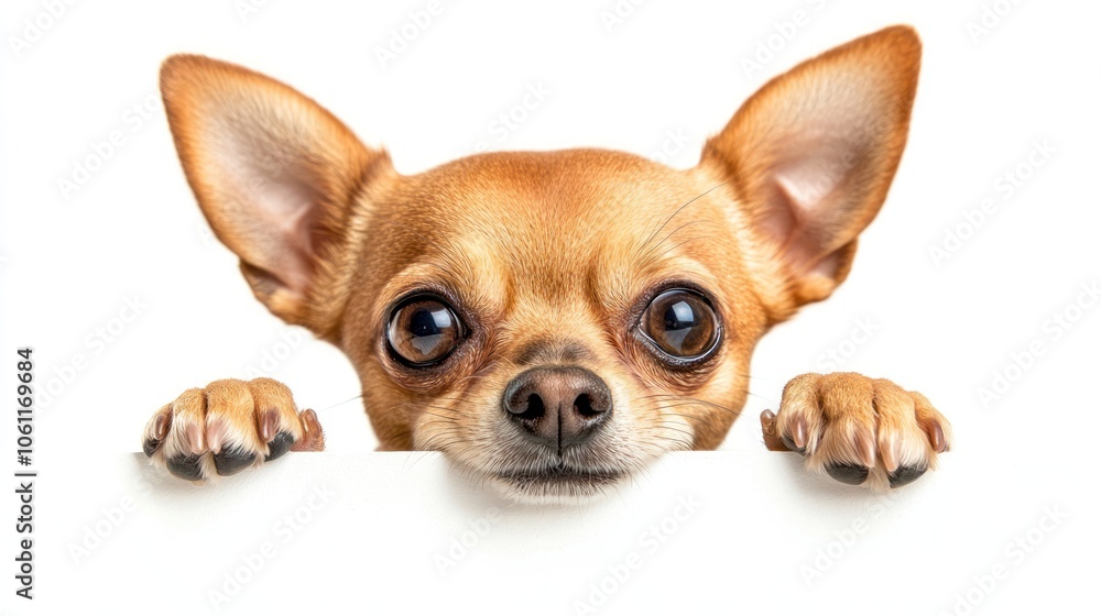 A cute Chihuahua peeking over a white surface with an inquisitive expression. A cute Chihuahua peeking over a white surface with an inquisitive expression.