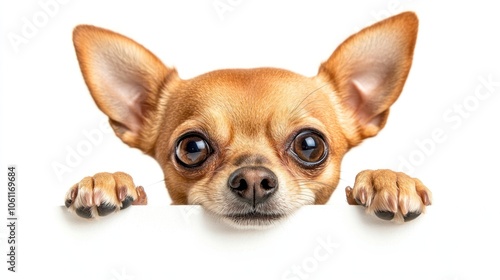 A cute Chihuahua peeking over a white surface with an inquisitive expression.